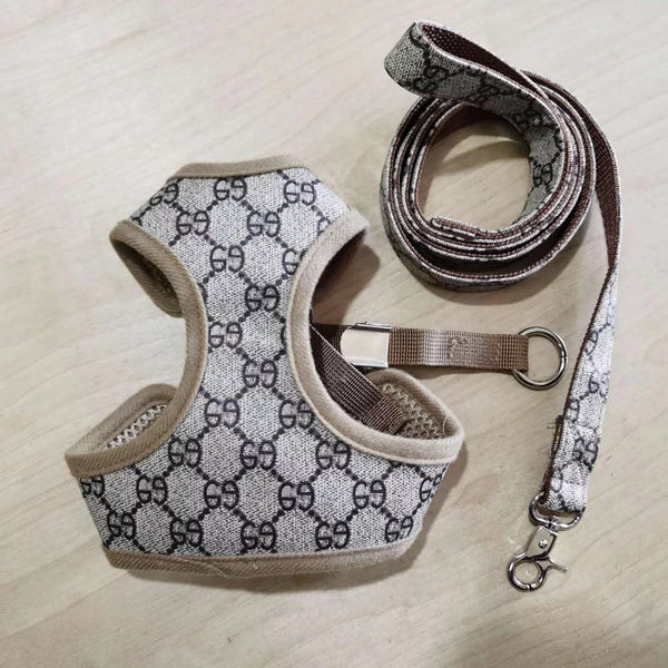 Ensemble harnais et laisse pour chien en denim beige inspiré de Gucci / Gucci inspired beige denim dog harness and leash set